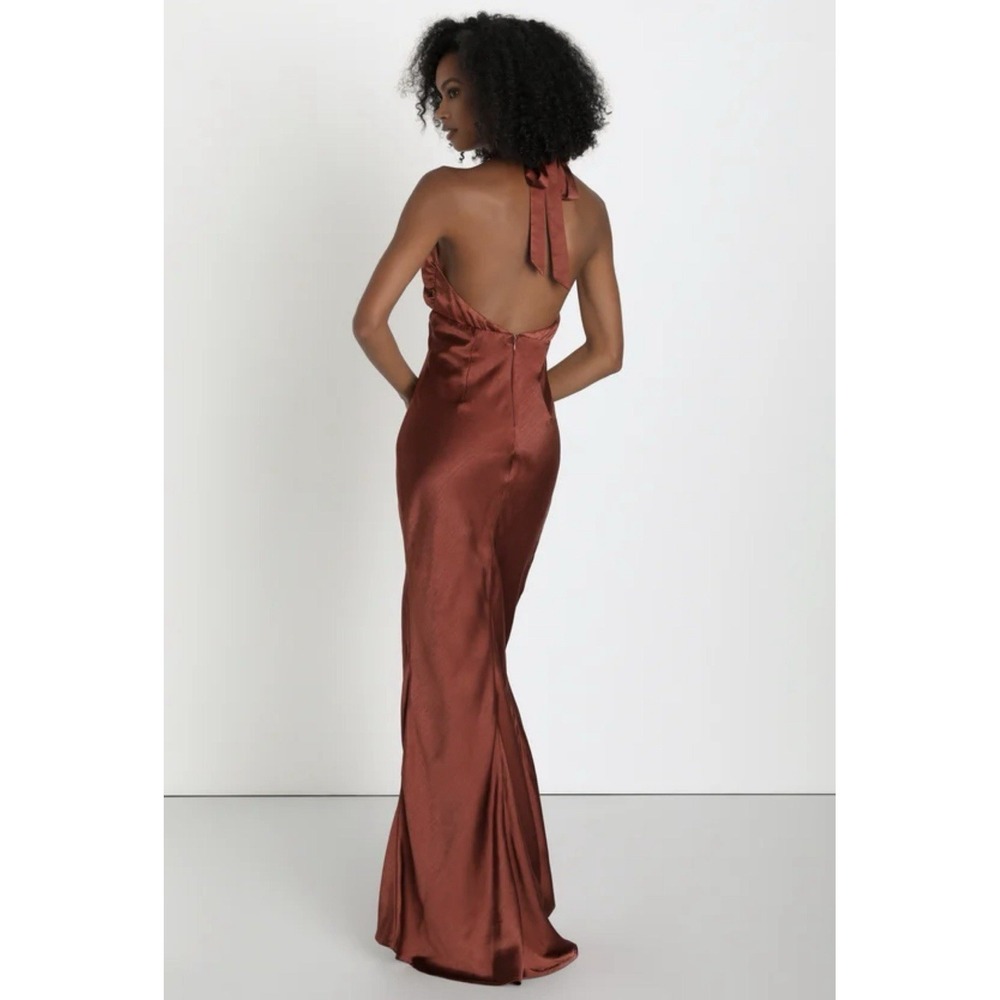 NEW! Lulus Satin Halter Maxi Dress Sz XS Brown Event Prom High Slit Open Back - Picture 3 of 11